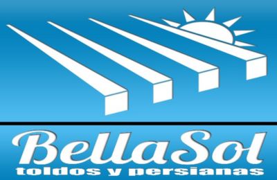 Logotipo de BellaSol, empresa especializada en toldos y persianas, con un diseño de sol y rayos sobre un fondo azul.