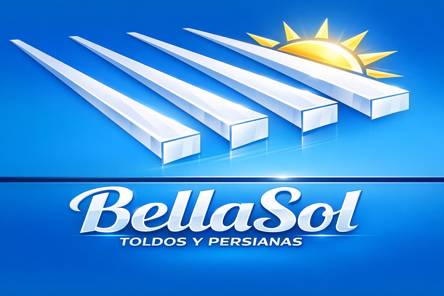 Logo de BellaSol con toldos y persianas bajo un sol en fondo azul.