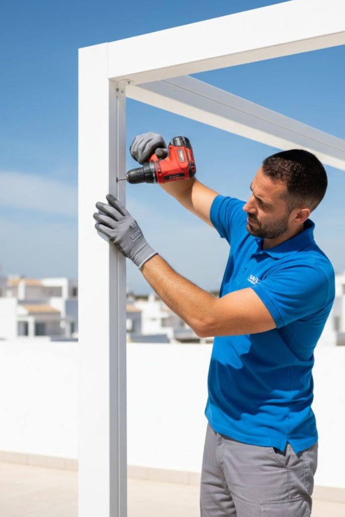 Hombre instalando una estructura metálica blanca con un taladro en una terraza bajo un cielo azul