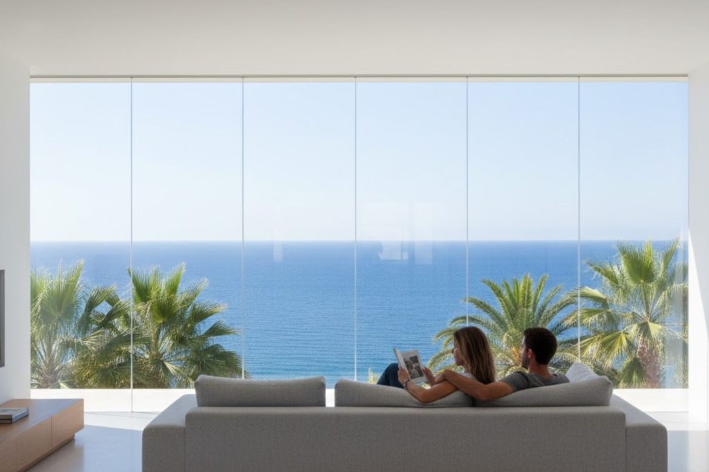 Pareja relajándose en un sofá con espectacular vista al mar y palmeras desde una sala de estar moderna.