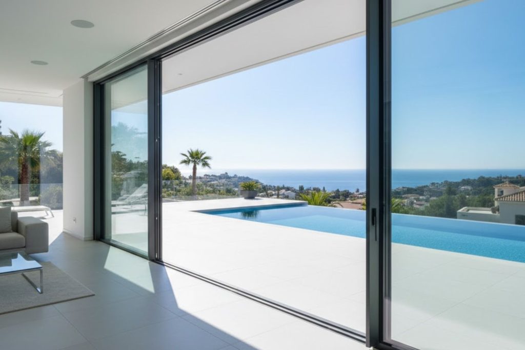Interior de una villa moderna con una vista panorámica del mar y una piscina infinita.