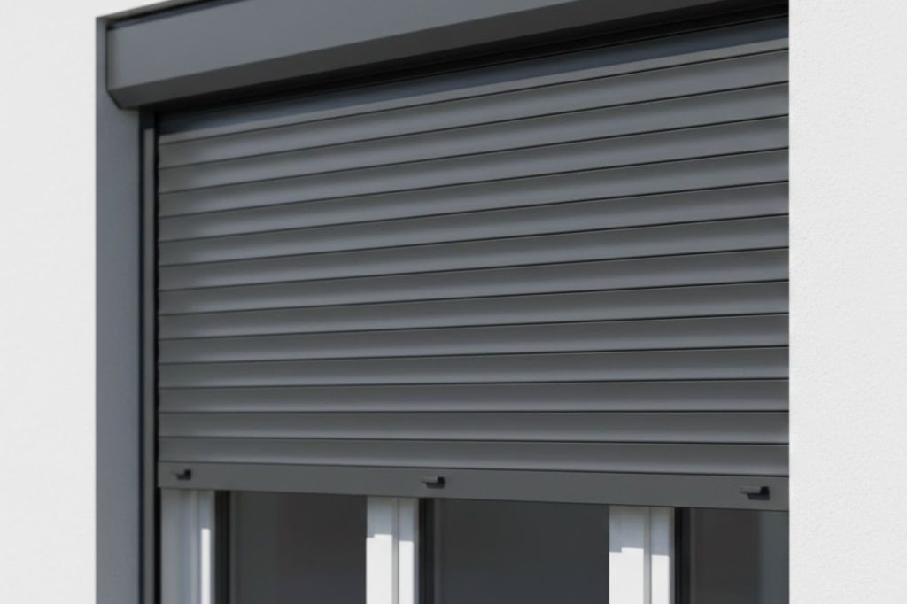 Persiana enrollable cerrada de aluminio en ventana moderna y pared blanca