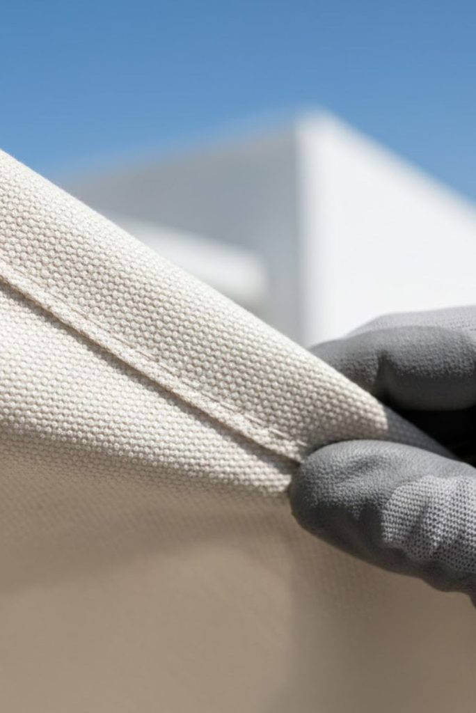 Primer plano de una mano con guante sosteniendo una tela resistente de color beige, ideal para exteriores.