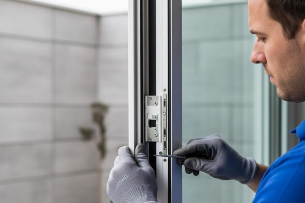 Técnico asegurando cerradura en ventana de aluminio para mejorar la seguridad del hogar